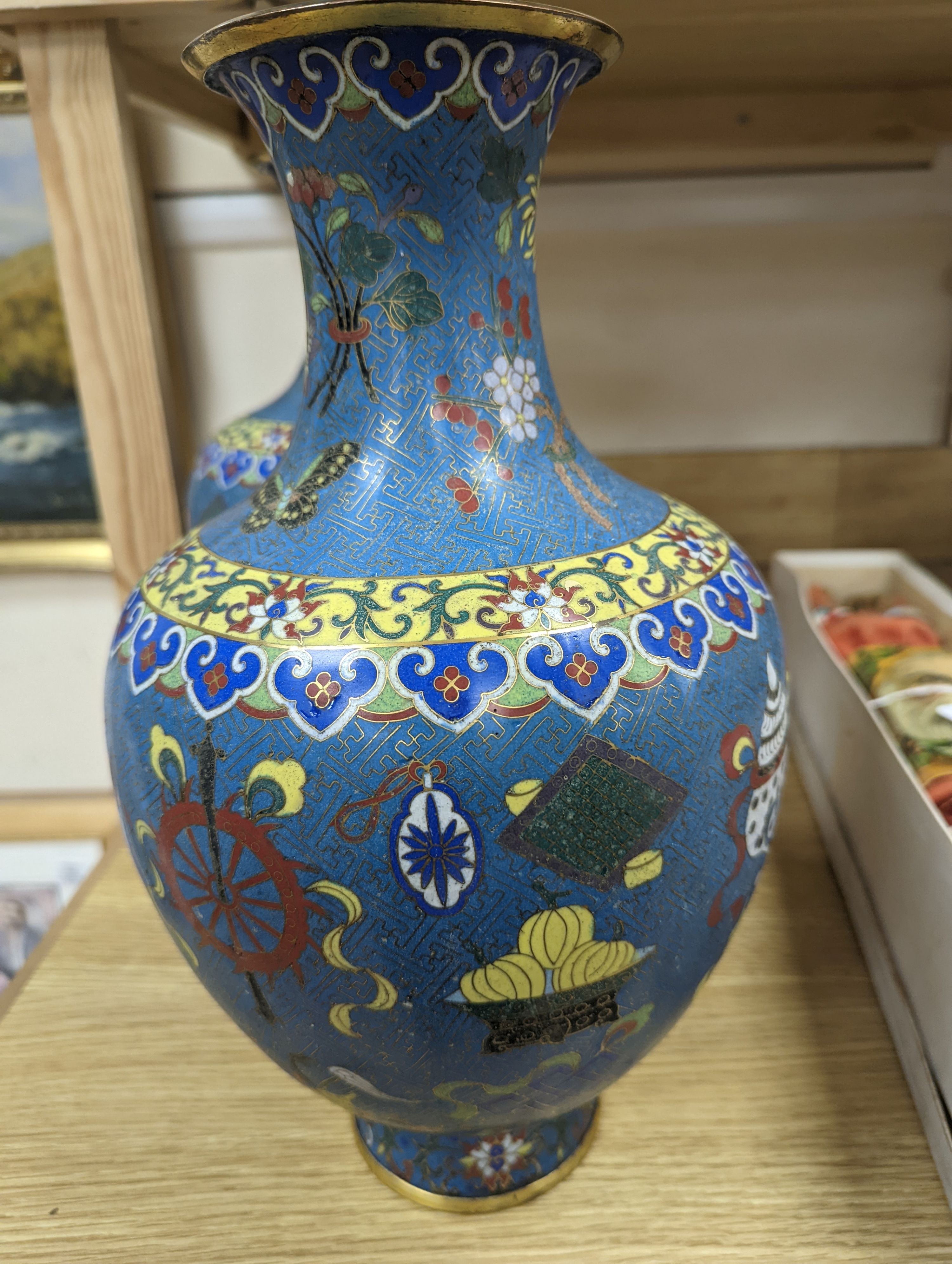 A pair of late 19th/early 20th century Chinese cloisonné enamel ‘Buddhist emblems’ vases 36cm
